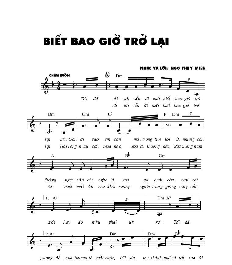 Sheet nhạc Biết Bao Giờ Trở Lại